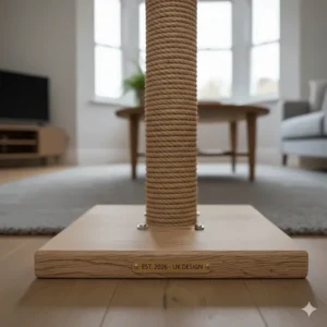 Close-up of a wide, weighted wooden base ensuring the scratching post remains stable for heavy-breed cats.