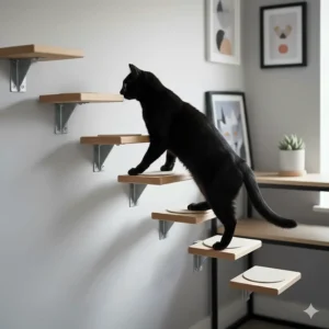 Decorative wooden cat wall steps arranged in a staircase pattern for climbing in compact homes.
