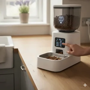 A person adjusting the digital display on a cat feeder to set specific meal portions in grams for healthy holiday feeding.