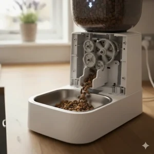 Internal view of a cat feeder showing the anti-clog gear mechanism that ensures dry kibble is dispensed without jamming.