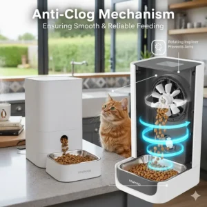 Alt text for image 9: Technical diagram of the anti-clog rotating impeller mechanism inside an automatic cat feeder to ensure reliable food dispensing.