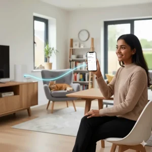 Alt text for image 2: A woman in a contemporary UK living room using a smartphone app to remotely schedule meal times for her cat.