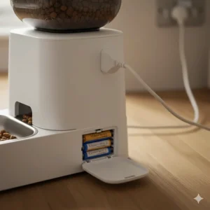 Close-up of an automatic cat feeder showing a UK three-pin power plug and a backup battery compartment for reliability during holidays.