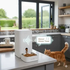 Alt text for image 7: Visual representation of an automatic cat feeder playing a personalised voice recording to alert a cat to its dinner.