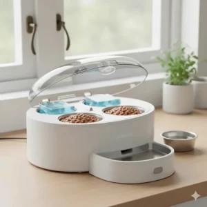 An automatic wet food cat feeder with an open lid showing integrated blue ice packs designed to keep meals fresh.