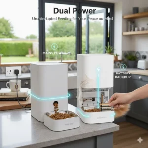 Alt text for image 4: Infographic of a cat feeder showing the connection to a UK mains plug alongside an emergency battery backup system.
