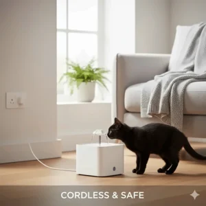 A cordless, battery-operated cat water fountain placed away from a UK mains plug socket.