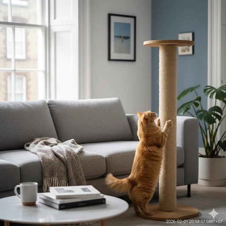 A stylish wooden vertical cat scratcher placed next to a grey fabric sofa to protect furniture from claw damage. cat scratcher to protect furniture