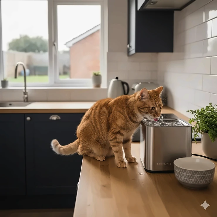 A ginger tabby cat drinking from a stainless steel cat water fountain in a modern British kitchen. cat water fountain