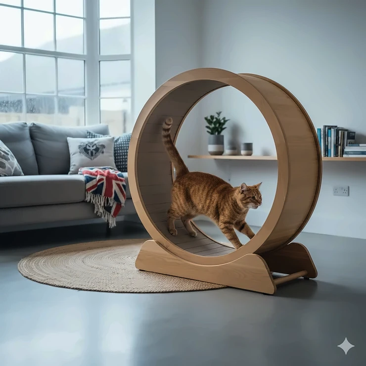 A ginger tabby cat running on a large wooden indoor cat exercise wheel in a bright British living room with a Union Jack cushion. indoor cat exercise equipment