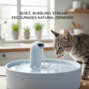 A grey tabby cat drinking from a quiet, bubbling stream fountain designed to encourage natural drinking habits.
