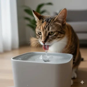 Close-up of a domestic shorthair cat hydrated by a quiet cat water fountain.