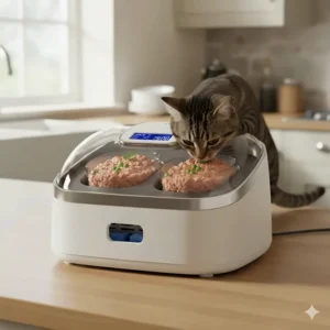 A domestic shorthair cat eating fresh wet food from a timed automatic feeder in a bright, natural kitchen setting.
