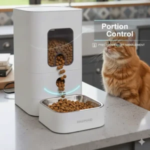 Alt text for image 3: Close-up of an automatic cat feeder dispensing a precise portion of biscuits to help with feline weight management.