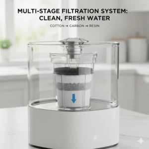 A detailed cross-section of a multi-stage filtration system for a cat fountain, providing clean, fresh water for UK moggies.