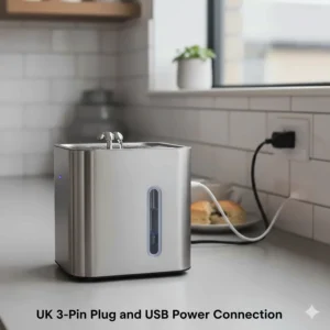 A close-up showing the cat fountain connected to a standard UK 3-pin plug and USB power source.