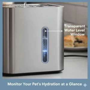 A detailed view of the transparent water level window on a sleek, quiet cat water fountain.