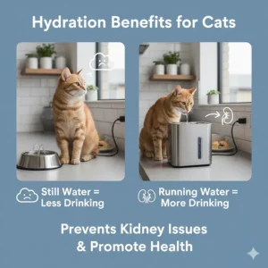 An infographic explaining how a quiet cat water fountain prevents dehydration and promotes kidney health in pets.