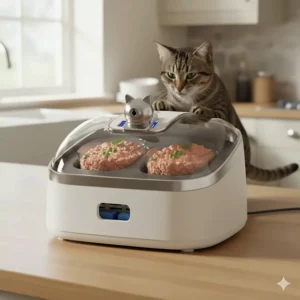 A tabby cat unsuccessfully trying to pry open the secure, tamper-proof lid of an automatic wet food feeder.