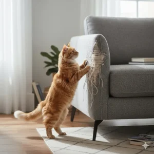 A ginger tabby cat scratching the arm of a fabric sofa in a living room.