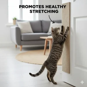 A cat fully stretching its back while using a tall door-mounted scratcher, promoting healthy muscle movement and joint health.