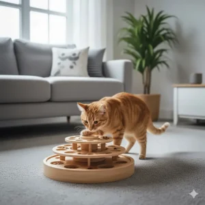 A ginger cat using its paws to navigate a wooden multi-level treat puzzle feeder to encourage slow eating and mental stimulation.