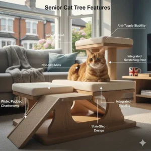 An infographic detailing senior cat tree features including wide padded platforms, non-slip mats, and a stair-step design.