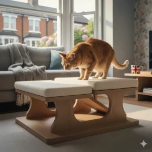 An elderly ginger cat safely navigating the staggered, stair-like platforms of a low-impact cat tree in a UK home.