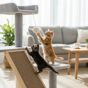 Two kittens playing with a dangling pom-pom toy and a wooden scratching ramp on an interactive cat tree.