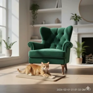 A happy cat using a scratching mat on the floor next to an undamaged velvet armchair.
