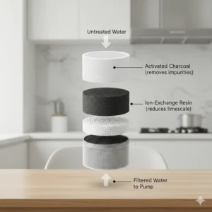 Diagram showing a multi-stage charcoal filter for a cat water fountain to remove limescale.