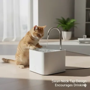 Illustration of a cat water fountain with a swan-neck tap design to encourage drinking.