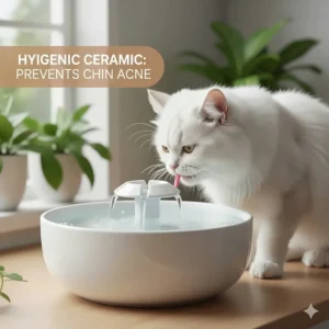 A white long-haired cat drinking from a hygienic ceramic fountain that encourages drinking while helping to prevent feline chin acne.