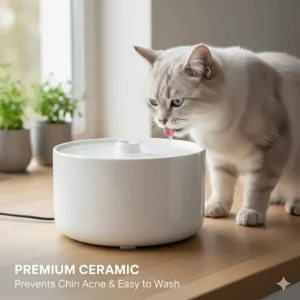 A premium white ceramic cat water fountain that prevents chin acne and is easy to wash.
