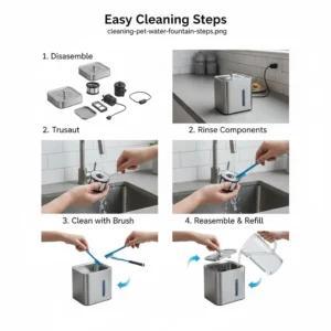 A step-by-step guide for the easy cleaning and maintenance of a stainless steel cat water fountain.