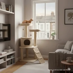 A slim, multi-level cat tree with a ramp and condo, designed to fit into the corner of a modern British flat or living room.