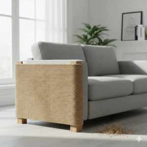 A sisal cat scratcher designed to fit around the corner of a settee to prevent shredded upholstery.