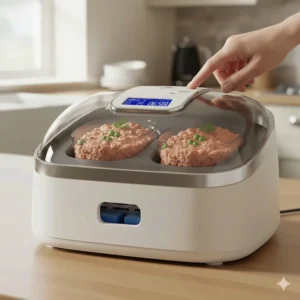 A person programming a digital LCD timer on an automatic cat feeder to set precise meal times for their pet.