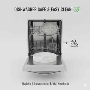 An icon-style illustration showing a dishwasher-safe slow feeder bowl for cats, highlighting easy cleaning.
