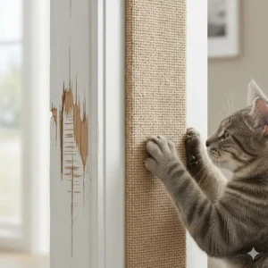 Close-up showing a cat scratcher protecting door frame woodwork and architrave from sharp claws and shredded paint.