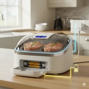 Diagram of an automatic feeder with dual power options including a UK three-pin mains plug and a backup battery compartment.