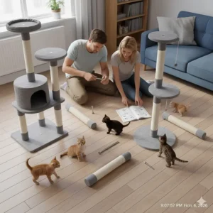 A couple sitting on a wooden floor in a UK home following an instruction manual to assemble a modular cat tree for kittens.