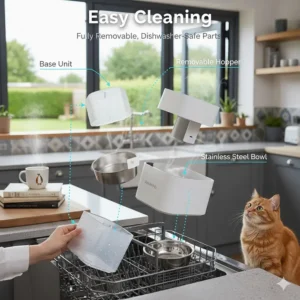 Alt text for image 8: A ginger cat watching as the removable hopper and stainless steel bowl of an automatic feeder are placed into a dishwasher.