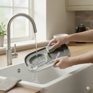 A person cleaning a removable grey food tray under a running kitchen tap with soapy water for easy maintenance.