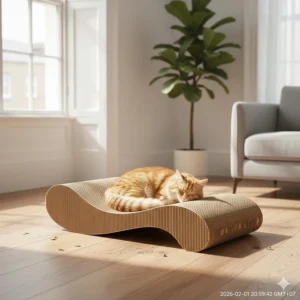 An eco-friendly recycled cardboard cat scratcher lounge on a hardwood floor.