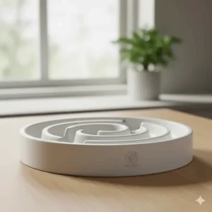 Close-up of a sustainable, BPA-free ceramic slow feeder bowl for cats, popular in UK households for hygiene.