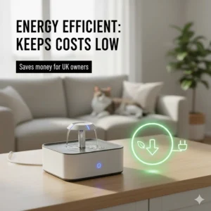 An energy-efficient cat water fountain on a wooden table, highlighted with an icon showing how it keeps running costs low for UK owners.