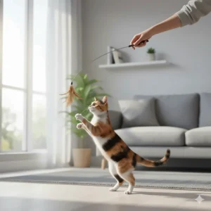 A Calico cat standing on its hind legs to reach for a feather wand toy held by a person in a sunlit British living room.