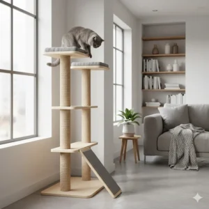 A grey British Shorthair cat perched on a neutral-toned, floor-to-ceiling cat climbing tower with sisal scratching posts.
