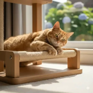 An older cat using an integrated horizontal sisal scratching surface at a low height to avoid over-stretching its joints.